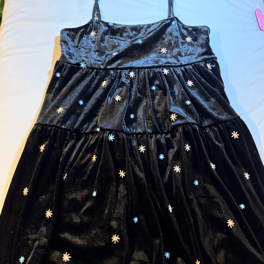 Forever 21 Black Dress with Small Pink and Cream Floral Embroidery
